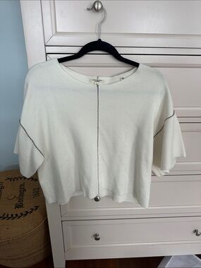 Like new Max Studio Cream Boxy Short-Sleeve Knit Top with Contrast Stitch